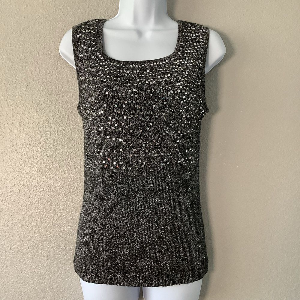 Vintage‎ 90s Silver Sequin Holiday New Years Eve Party Sparkly Ribbed Tank Top M